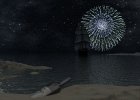 星の海を行く船  アルファ平面の活用として花火と星空を製作してみました。（2006年8月製作）  使用ソフト　Vue5　GIMP2.2｜クレジット　USSHIPS（Renderosity）　The Tavern（DAZ）